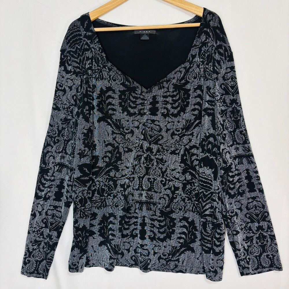 Kiara Women's Floral Stretchy Black Gray V-Neck Blouse Sz‎ 2X Liquid Knit Career